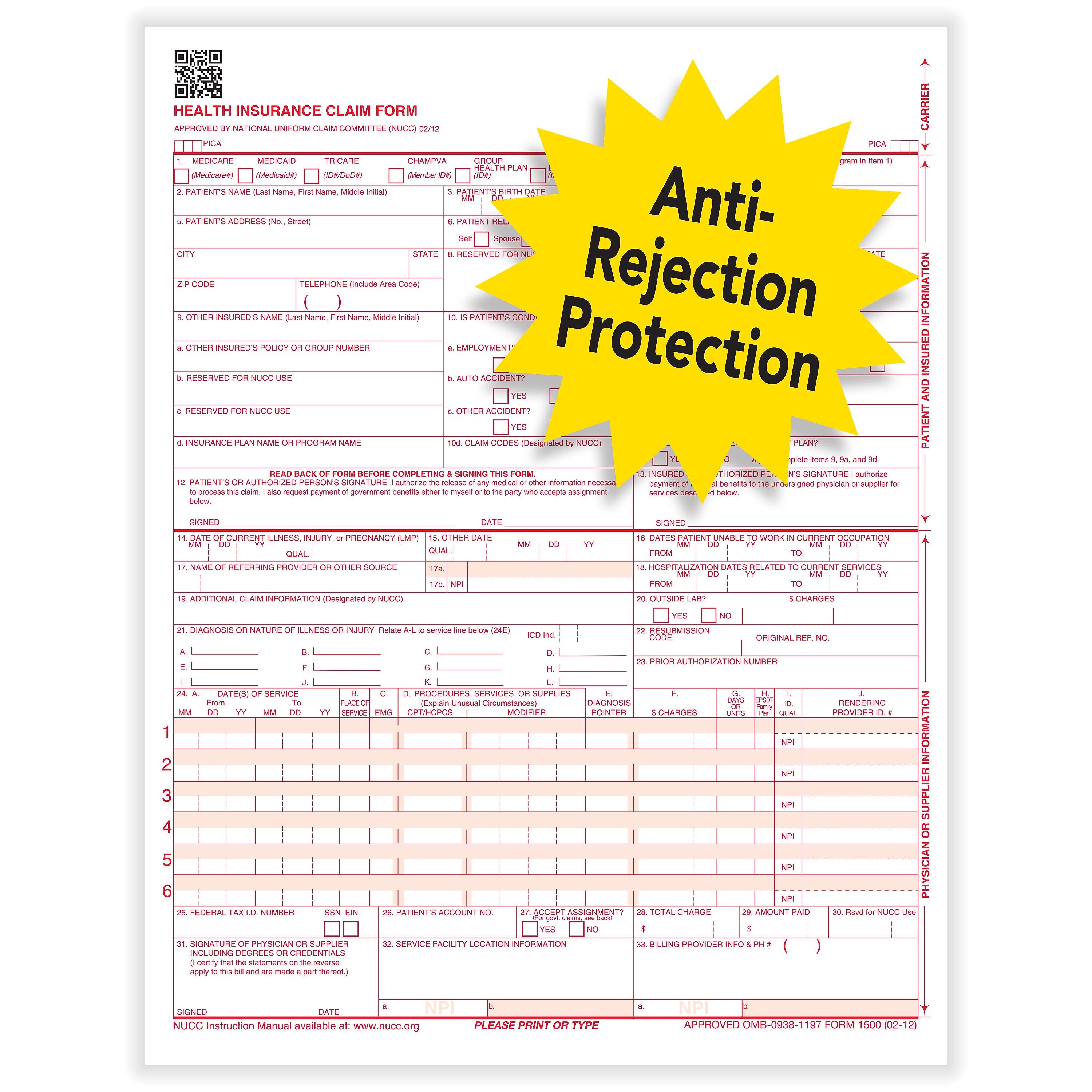 ComplyRight CMS-1500 Health Insurance Claim Forms (02/12), 8-1/2" x 11", Pack of 250 (CMS12LC250)
