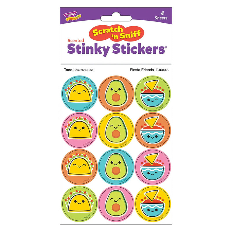 Trend Enterprises Fiesta Friends Taco scent Scratch 'n Sniff Stinky Stickers, Multicolored, 48/Pack, 6/Packs/Bundle (T-83445-6)