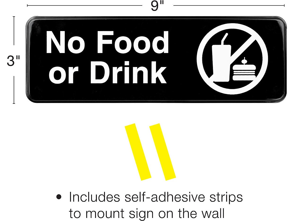 Excello Global Products No Food or Drink Indoor/Outdoor Wall Sign, 9" x 3", Black/White, 3/Pack (EGP-HD-0267)