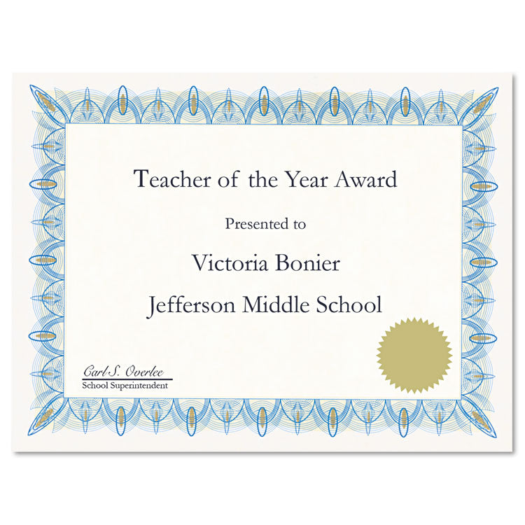 Award Certificates With Gold Seals, 8.5 X 11, Unique Blue With White Border, 25/pack