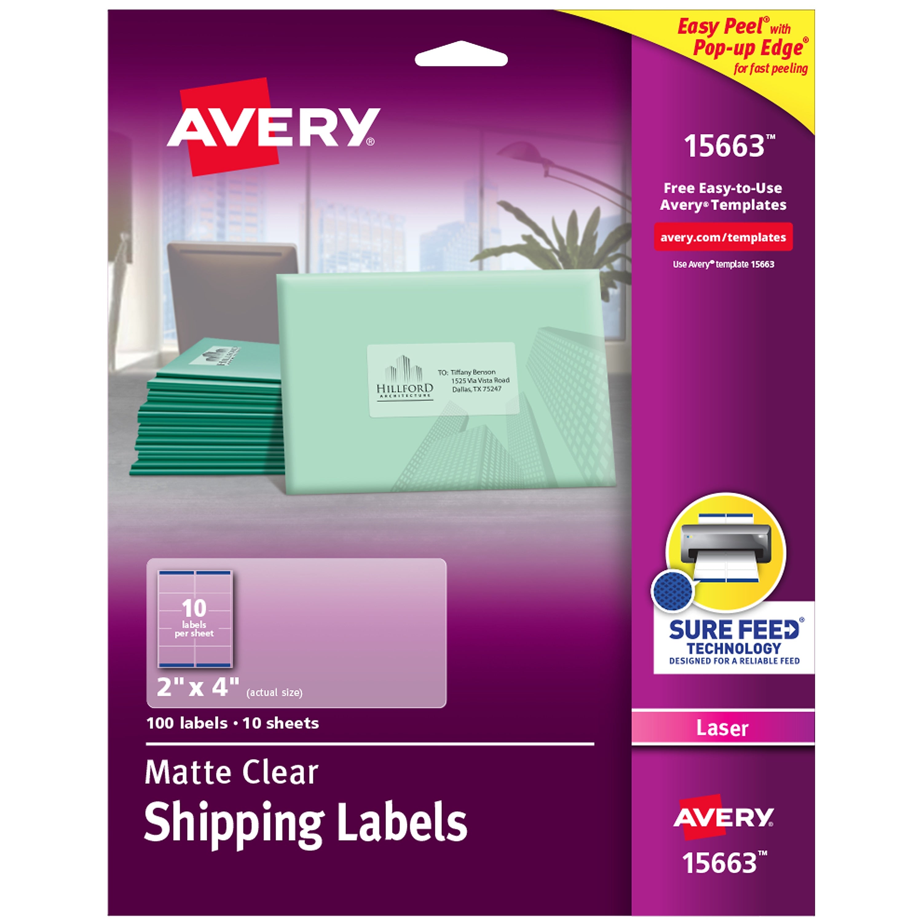 Avery Easy Peel Laser Shipping Labels, 2" x 4", Clear, 100 Labels/Pack (15663)