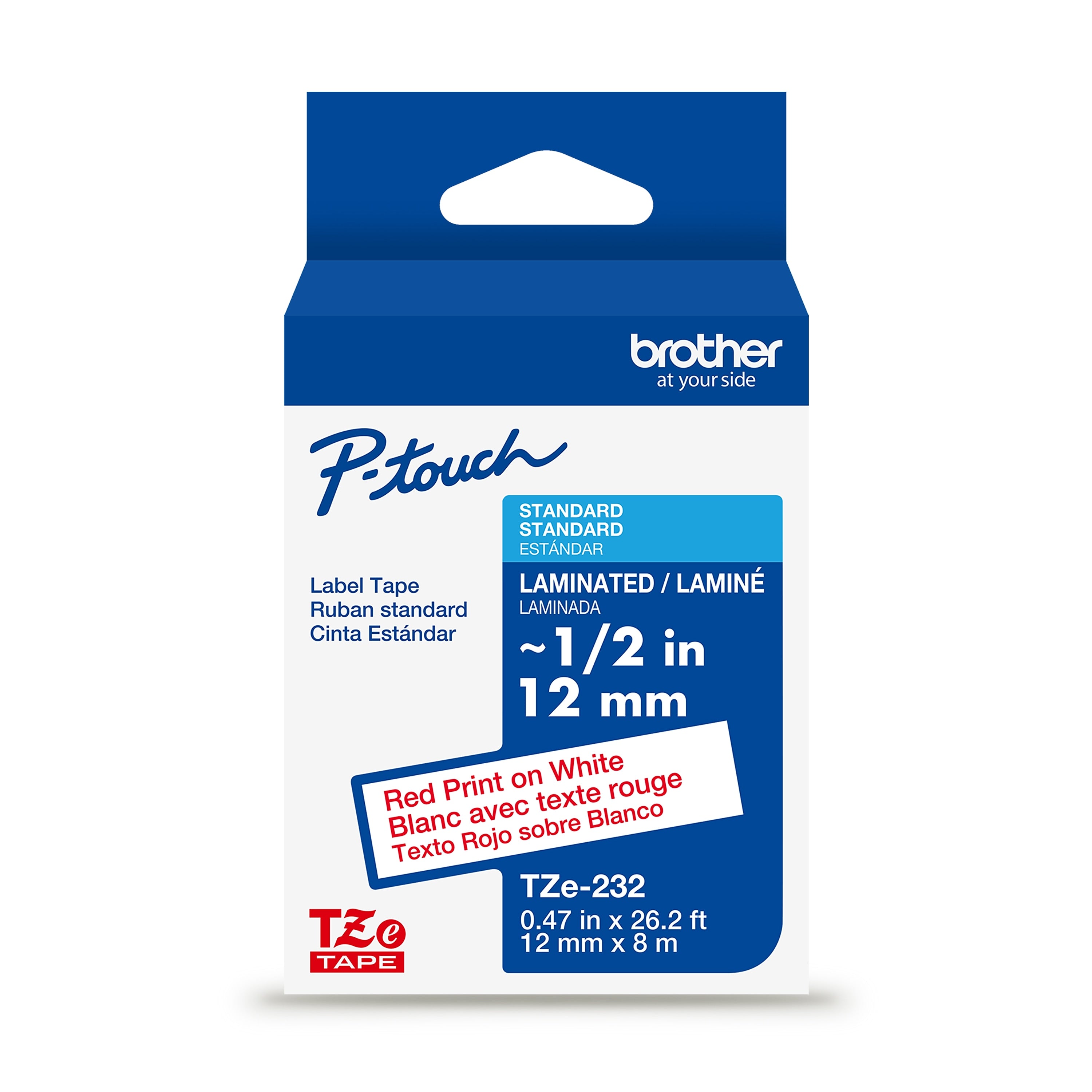Brother P-touch Laminated Label Tape, ~1/2" x 26.2', Red on White (TZe232)