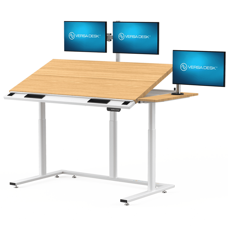 VersaDesk PowerLift Triad 60"W Electric Adjustable Drafting Table, Bamboo/White (TRDT-6030-WNB)
