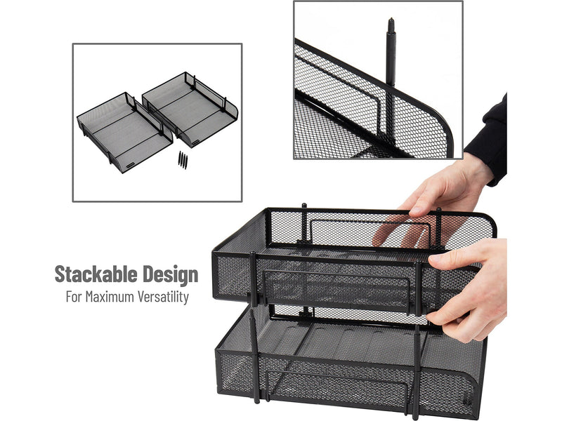 Mind Reader 2-Tier Stackable Paper Desk Tray, Metal Mesh, Black, 2/Set (2CSTACK2-BLK)
