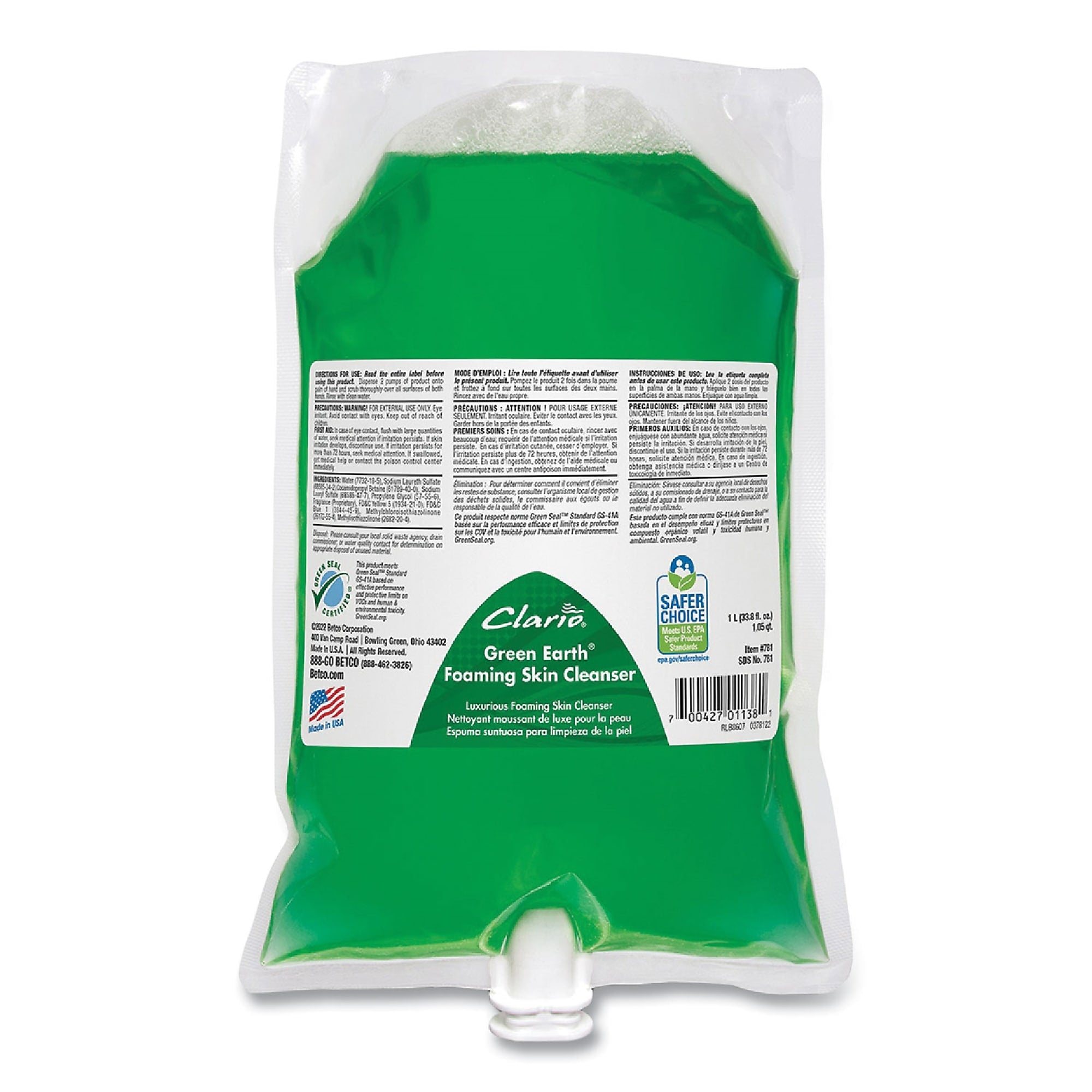 Betco Green Earth Foaming Hand Soap Refill, Fresh Meadow, 1,000 mL Refill, 6/Carton (BET7812900)