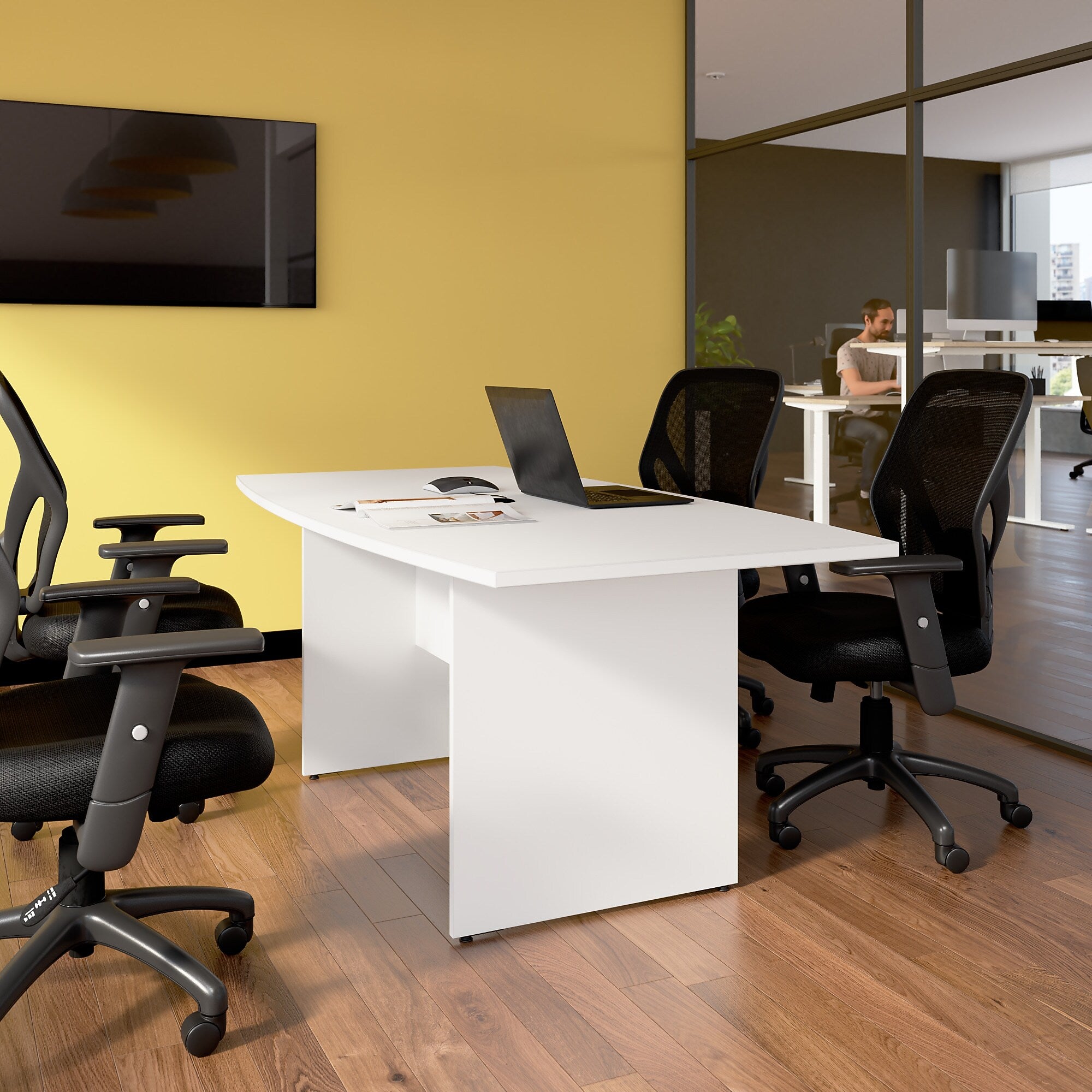 Bush Business Furniture 72W x 36D Boat Shaped Conference Table with Wood Base, White (99TB7236WH)