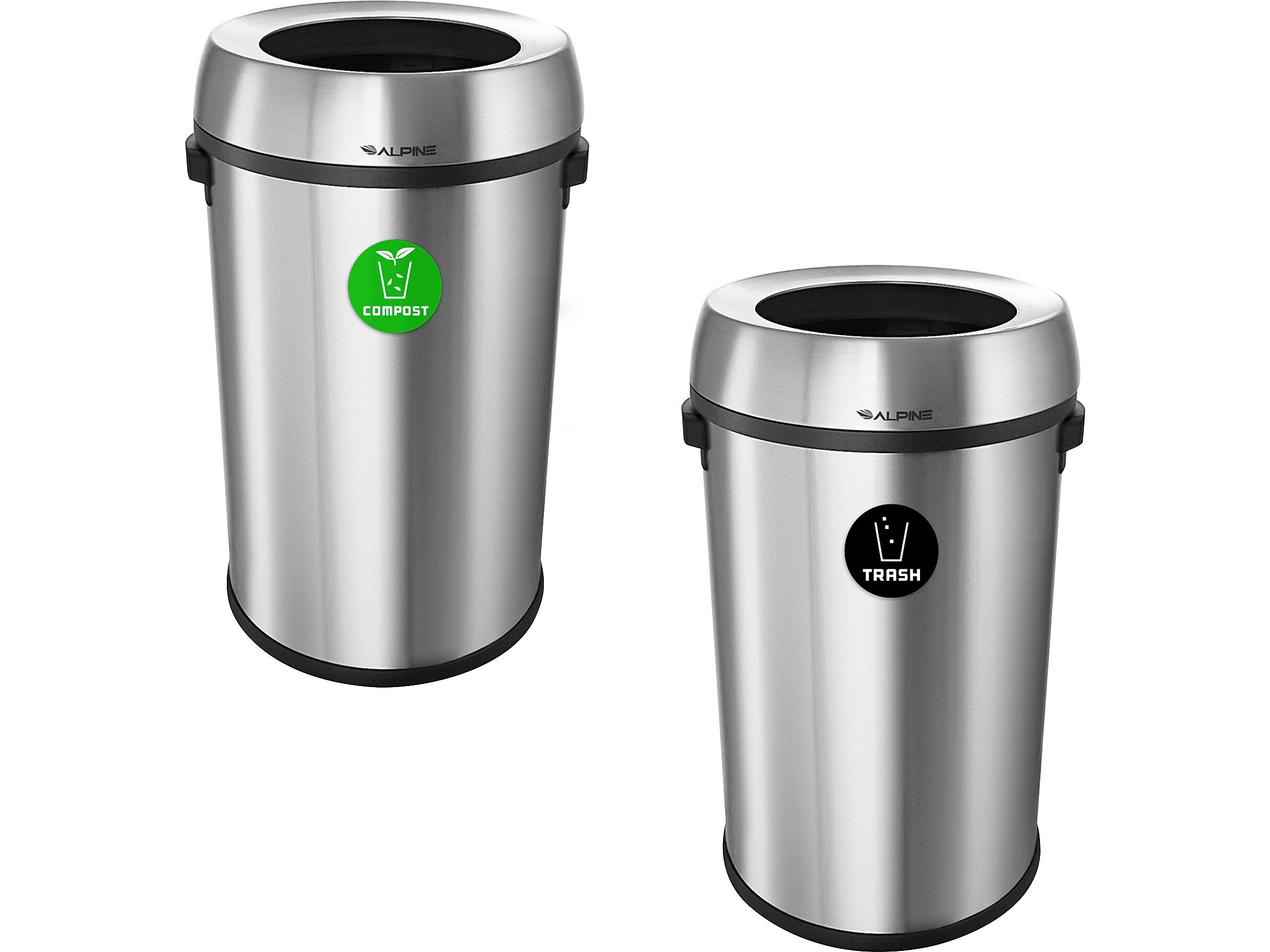 Alpine Industries Stainless Steel Compost and Trash Station with Open Lid, 34 Gallon, Silver, 2/Pack (ALP470-65L-CO-T)