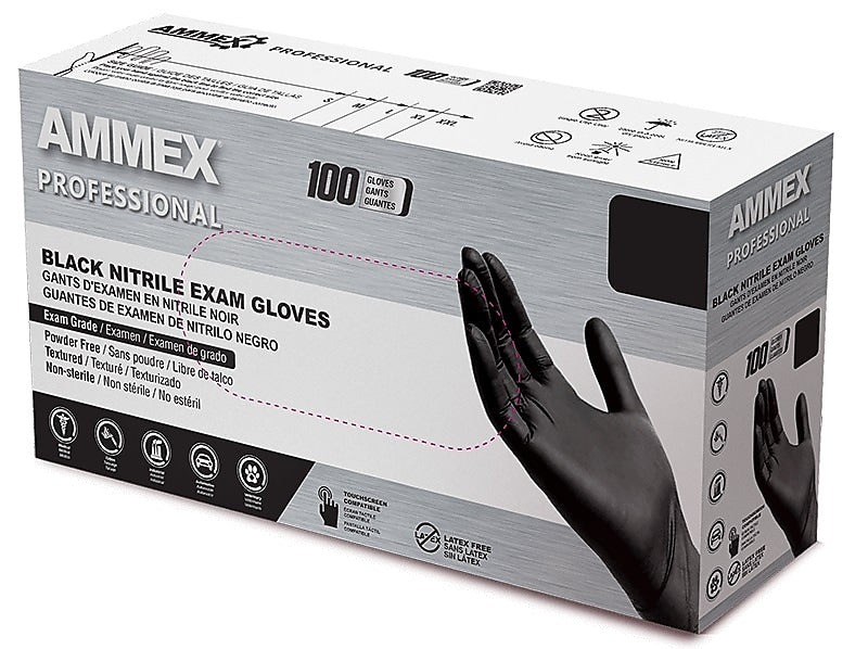 Ammex Professional Series Powder Free Nitrile Exam Gloves, Latex-Free, Large, Black, 100/Box, 10/Carton (ABNPF46100-CC)