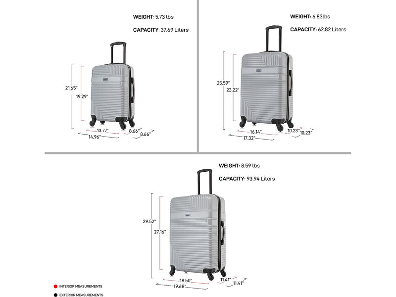 InUSA Resilience 3-Piece Hardside Spinner Luggage Set, Silver (IURESSML-SIL)