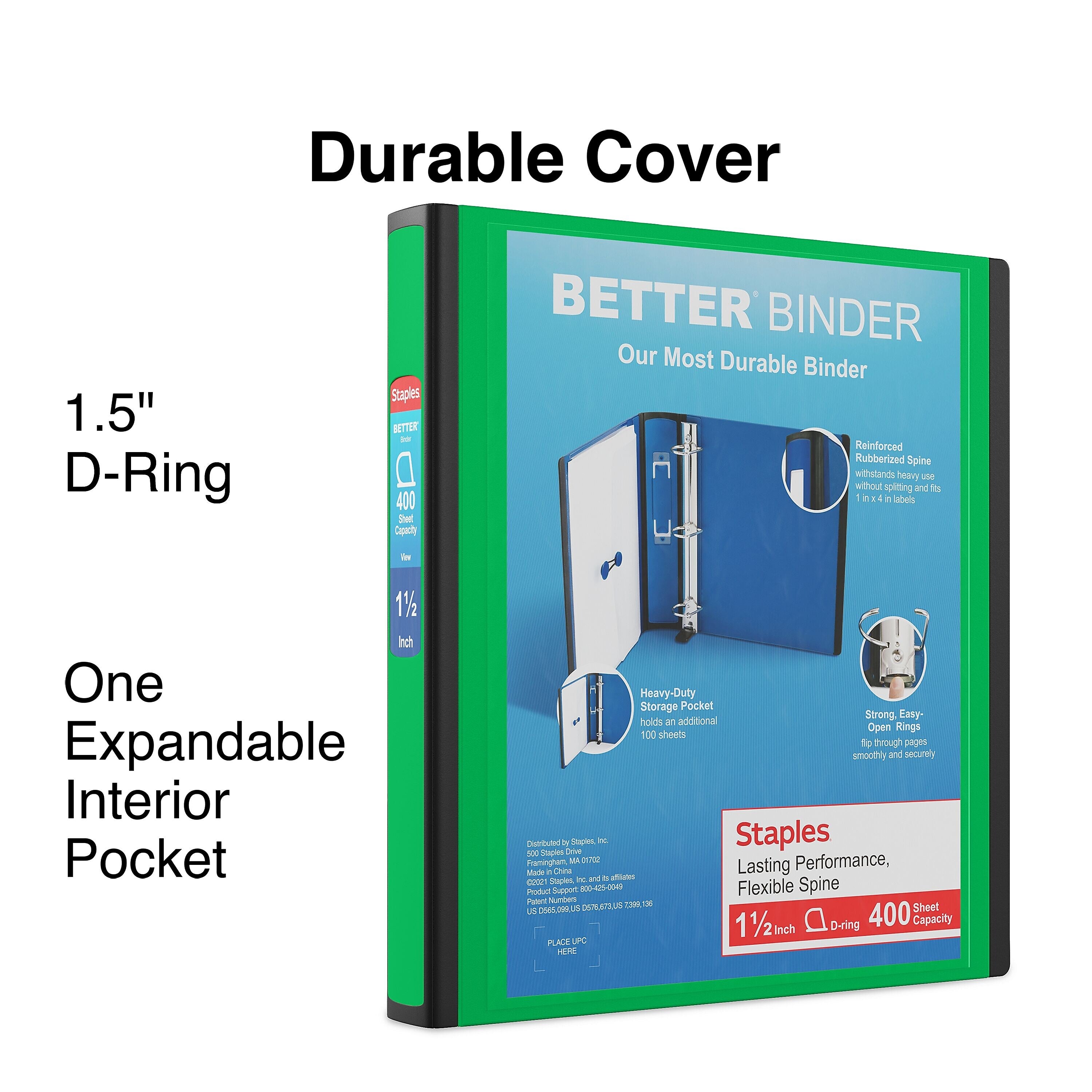 Staples 1 1/2" 3-Ring Better Binder, D-Ring, Green (19059)