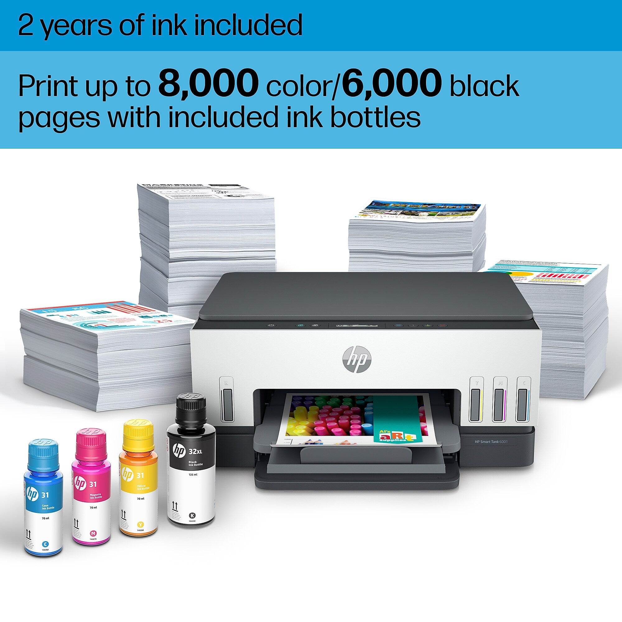 HP Smart Tank 6001 Wireless All-in-One Color Ink Tank Printer Scanner Copier, 2 years ink included (2H0B9A)