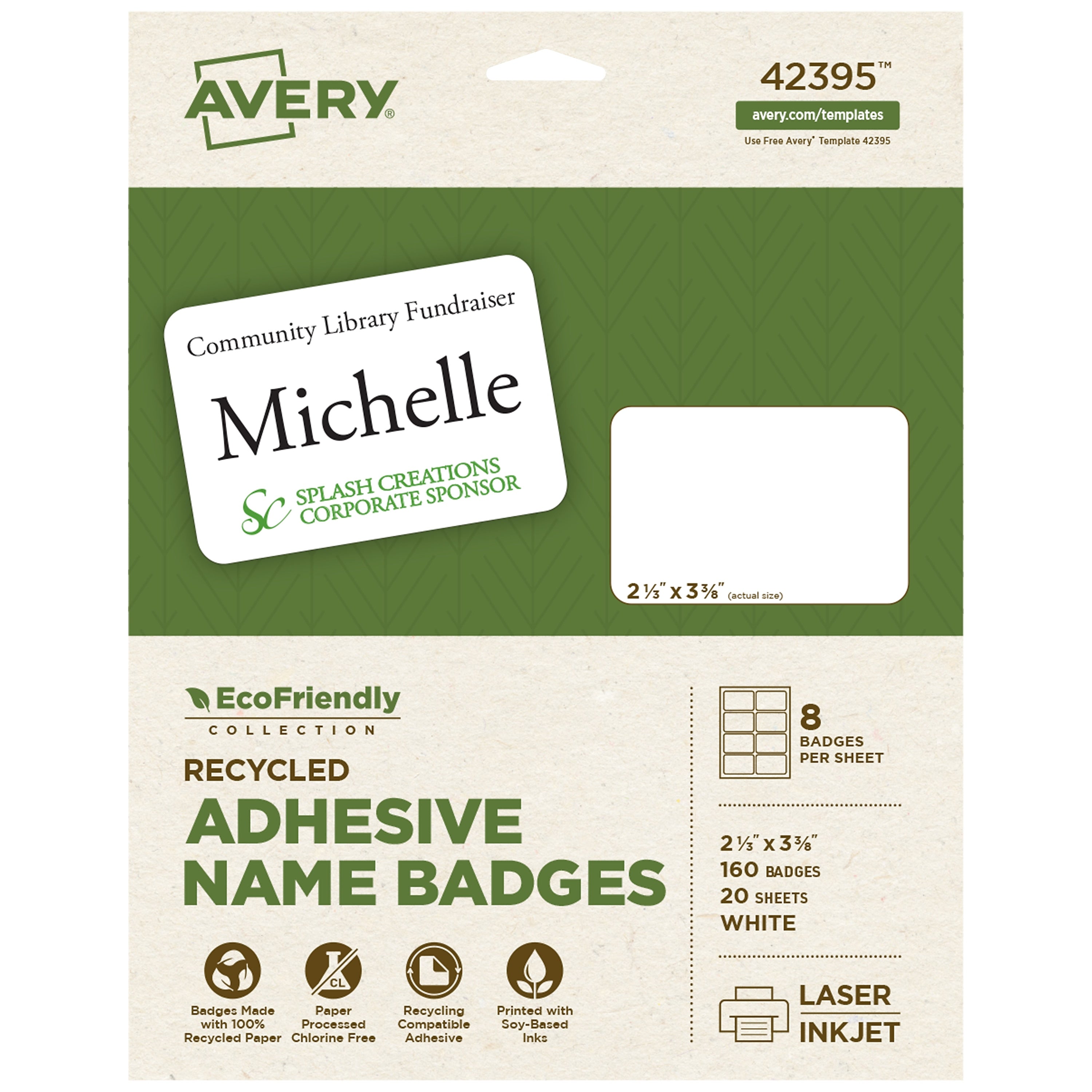 Avery EcoFriendly Laser/Inkjet Removable Name Tags, 2 1/3" x 3 3/8", White, 20 Sheets/Pack, 160 Labels/Pack (42395)