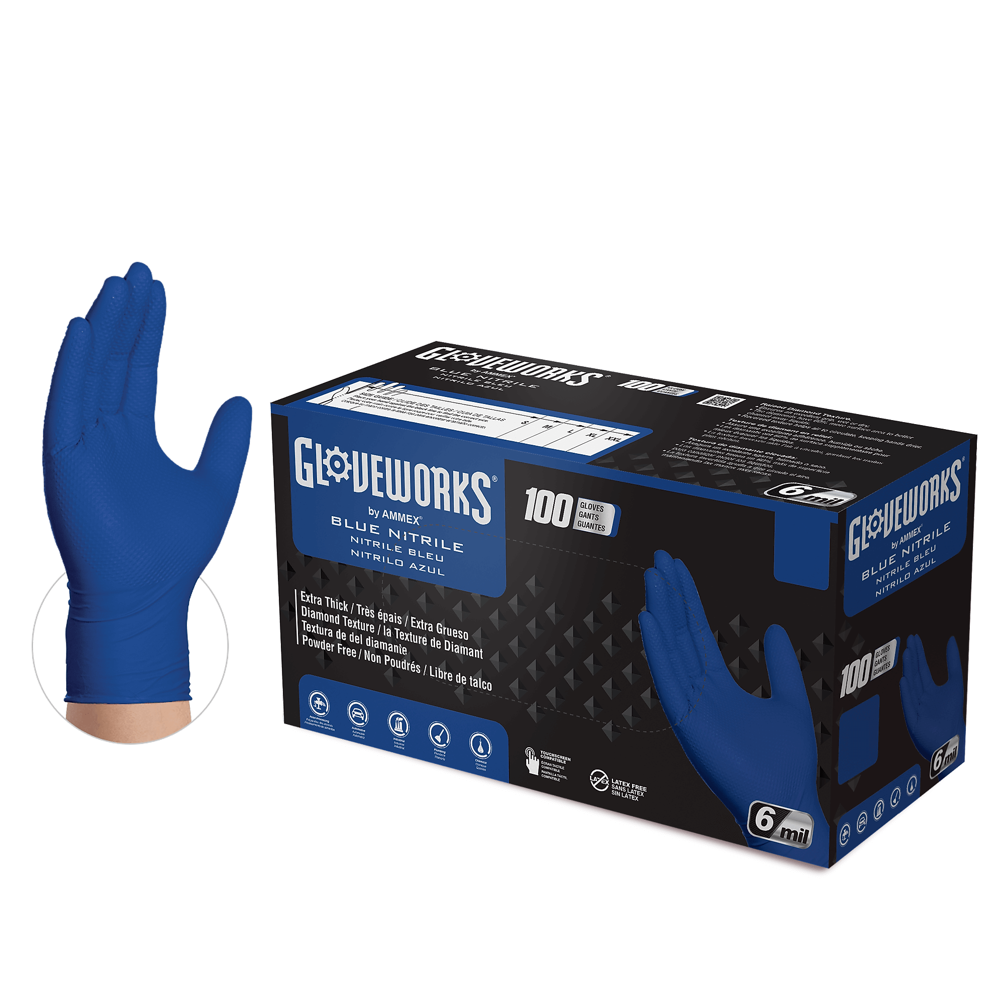 Gloveworks Powder Free Nitrile Industrial Gloves, Large, Royal Blue, 100 Gloves/Box, 10 Boxes/Carton (AXCGWRBN46100)