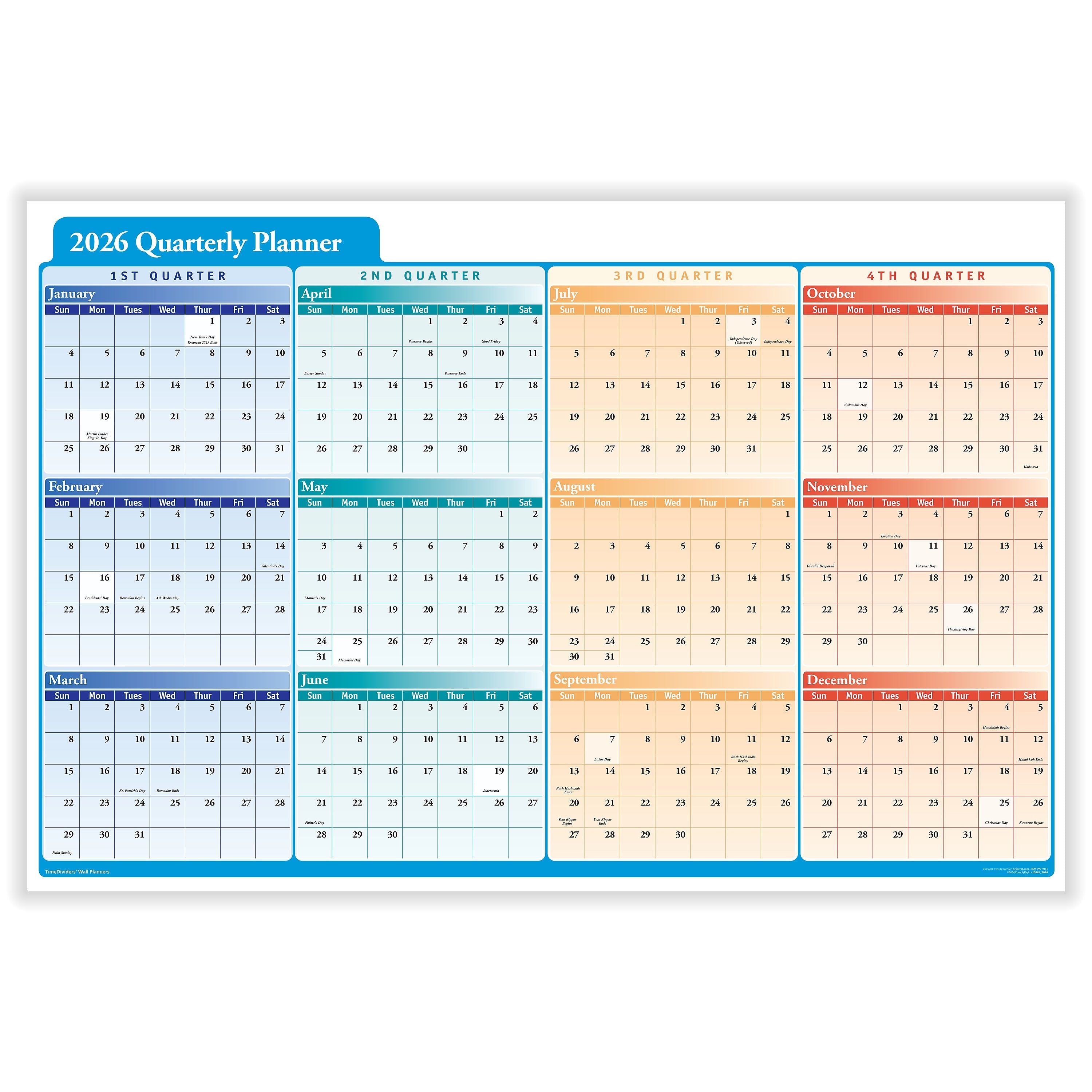 2026 ComplyRight Quarterly Planner 36" x 24" Yearly Dry Erase Wall Calendar, Red/Blue/Orange (J0061)