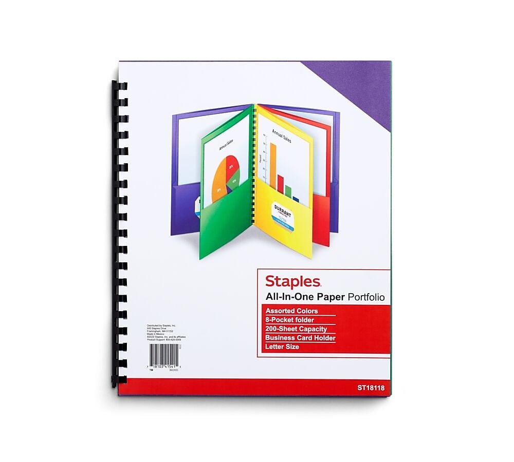 Staples 10% Recycled Matte Other Pocket Quantities Cardstock Portfolio Folder, Red, Green, Yellow, Purple (18118-US)