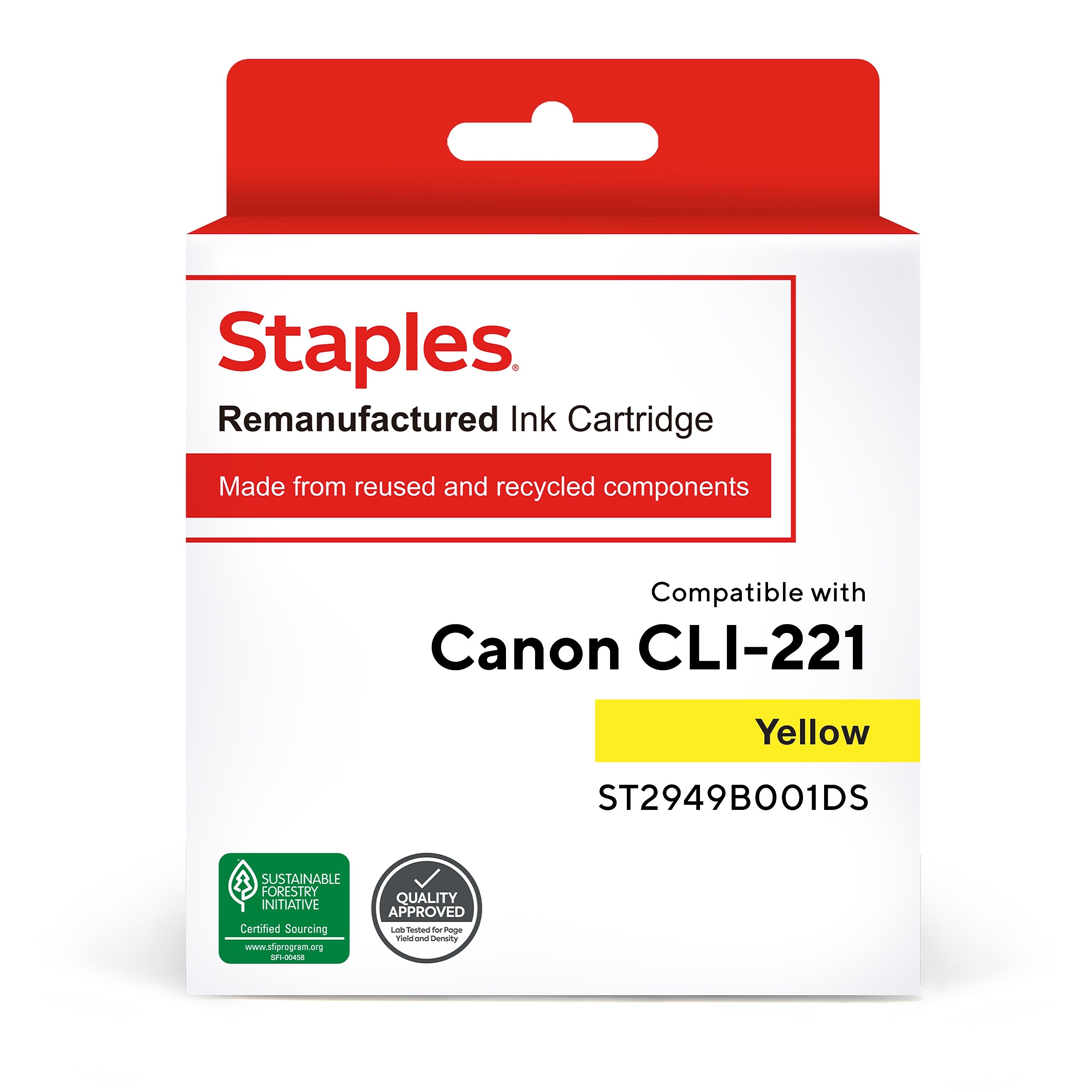 Staples Remanufactured Yellow Standard Yield Ink Cartridge Replacement for Canon CLI-221Y (TR2949B001DS/ST2949B001DS)