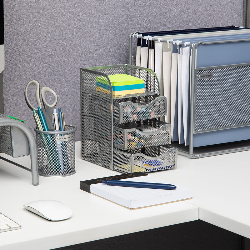 Mind Reader 4-Compartment Metal Desk Organizer, Silver (MESHMINI-SIL)
