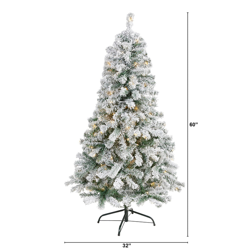 Nearly Natural 5-ft Flocked Rock Springs Spruce Artificial Christmas Tree with 150 Clear LED Lights (T1751)