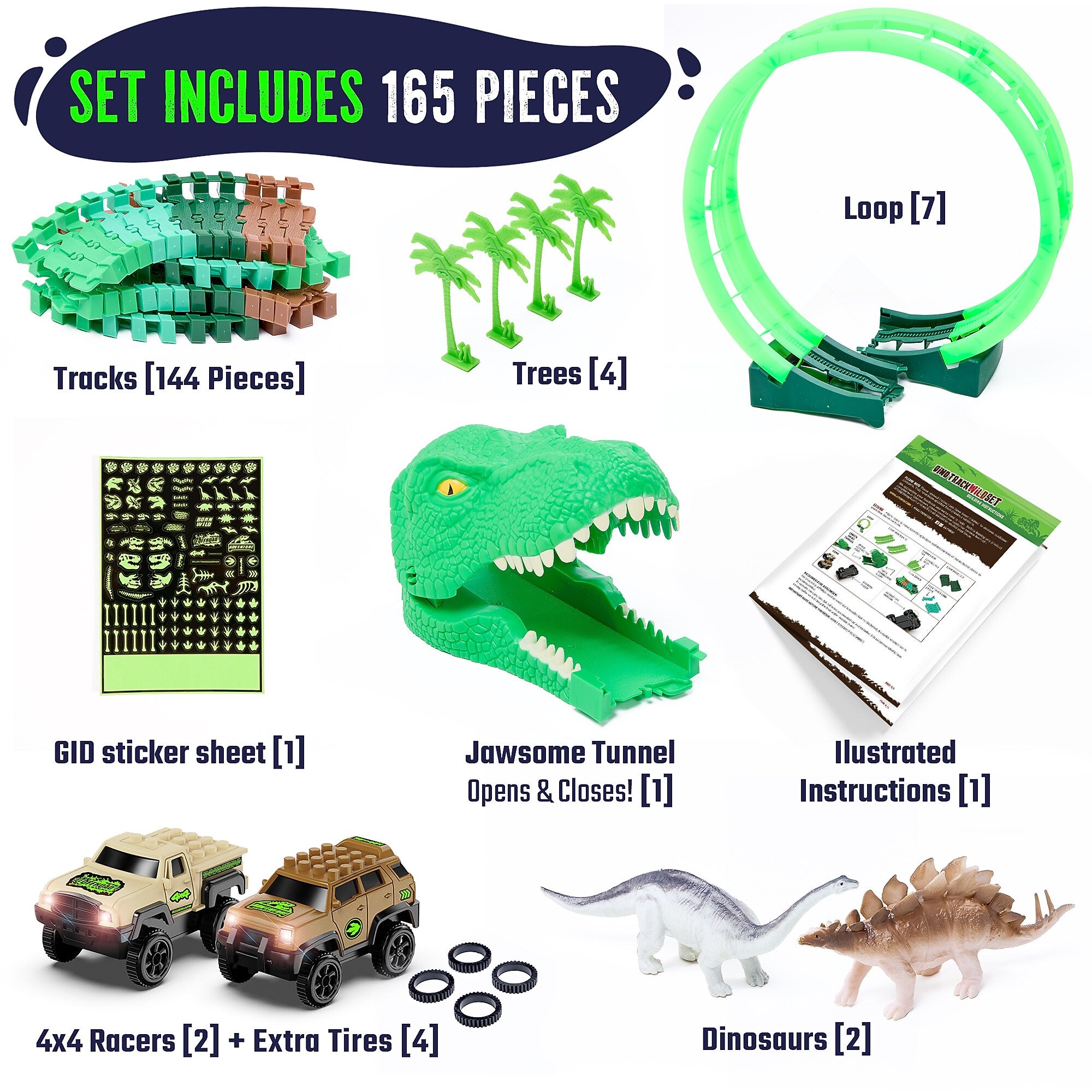 JITTERYGIT Dino Wild Race Track Site Toy Set, 177 Pieces/Pack (DINO-TRACK-GID-JOURNEY-SET - GREEN)