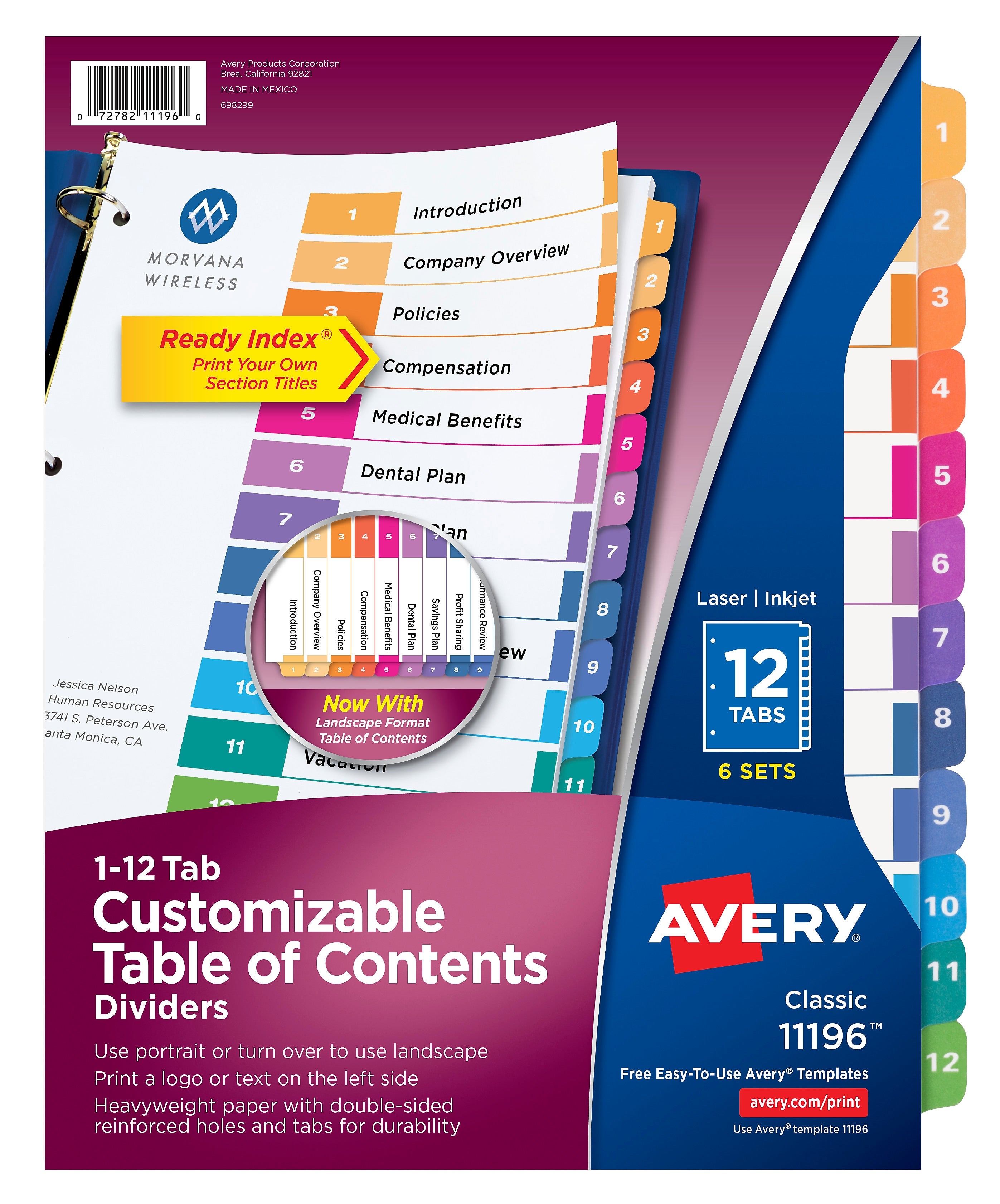 Avery Ready Index Numeric Paper Dividers, 12-Tab, Multicolor, 6/Pack (11196)