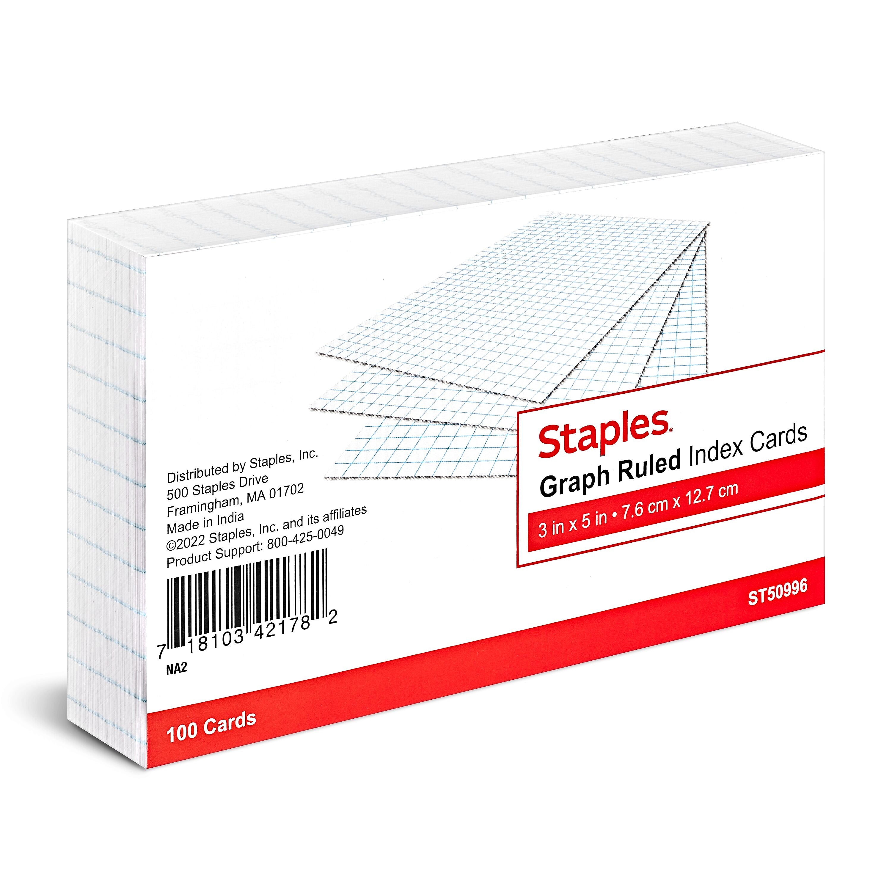 Staples 3" x 5" Index Cards, Graph Ruled, White, 100/Pack (TR50996)