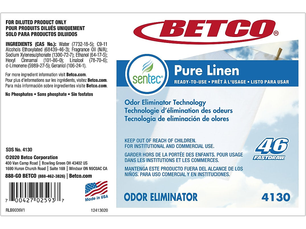 Betco SenTec Pure Linen Concentrate Odor Eliminator Secondary Label, 4" x 6", Multicolor, 24 Labels/Pack (41309090)