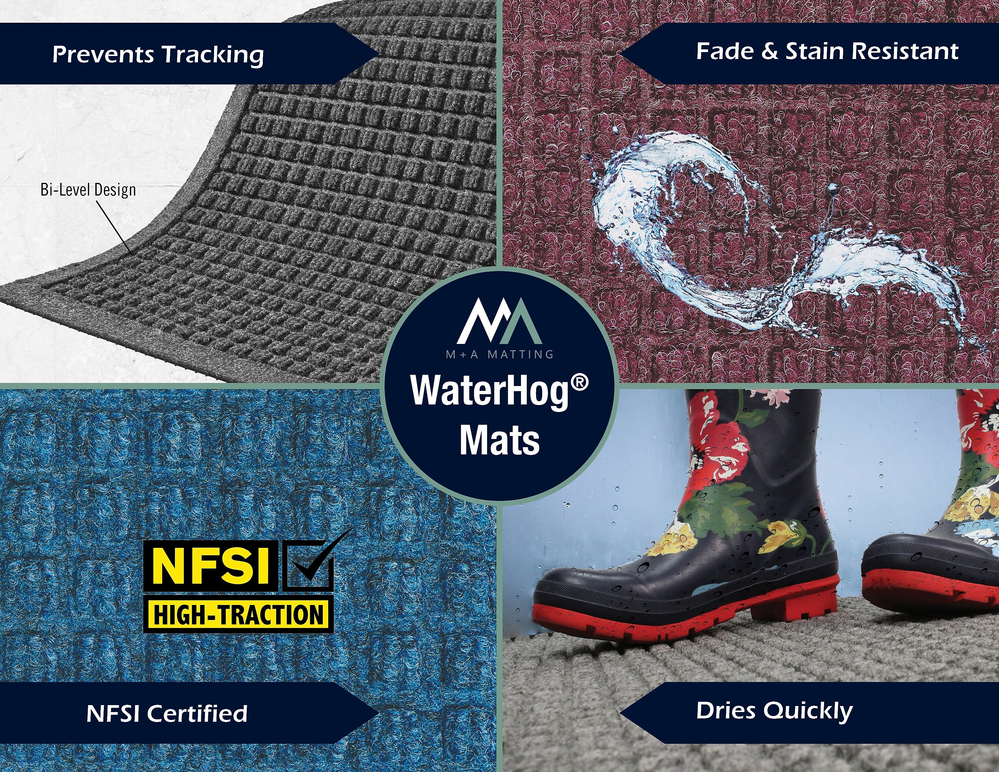 M + A Matting WaterHog Squares Fashion Mat, Universal Cleated, 4' x 10', Medium Grey (28057410070)