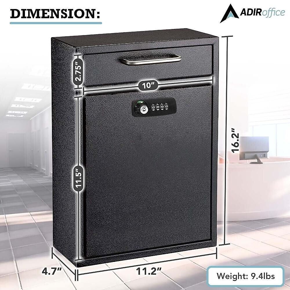 AdirOffice Steel Locking Wall Mounted Drop Box Interoffice Mailbox with Key and Combination Lock , Black (631-04-BLK-KC-PKG)
