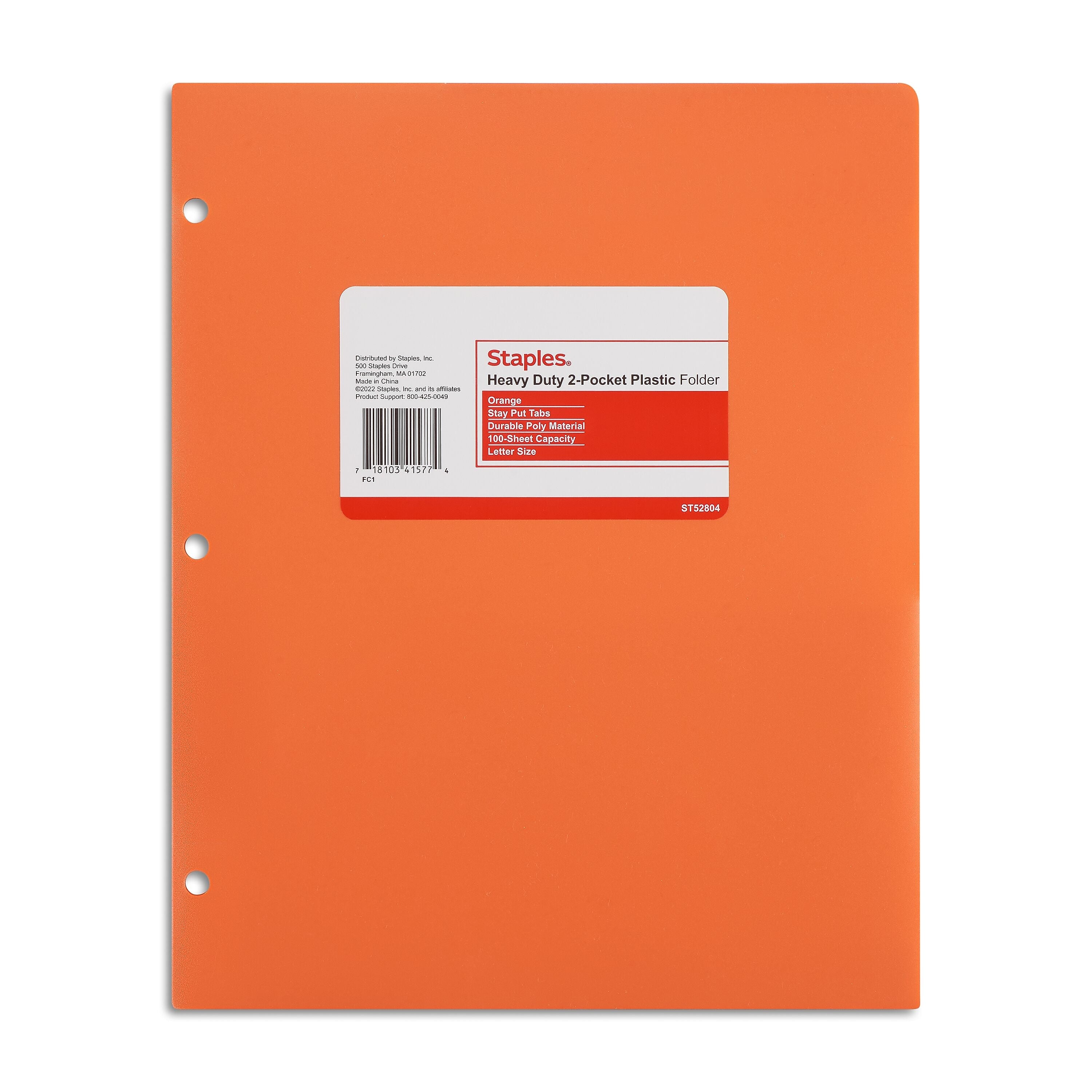 Staples 3-Hole Punched 2-Pocket Plastic Portfolio Folder, Orange (ST52804-CC)