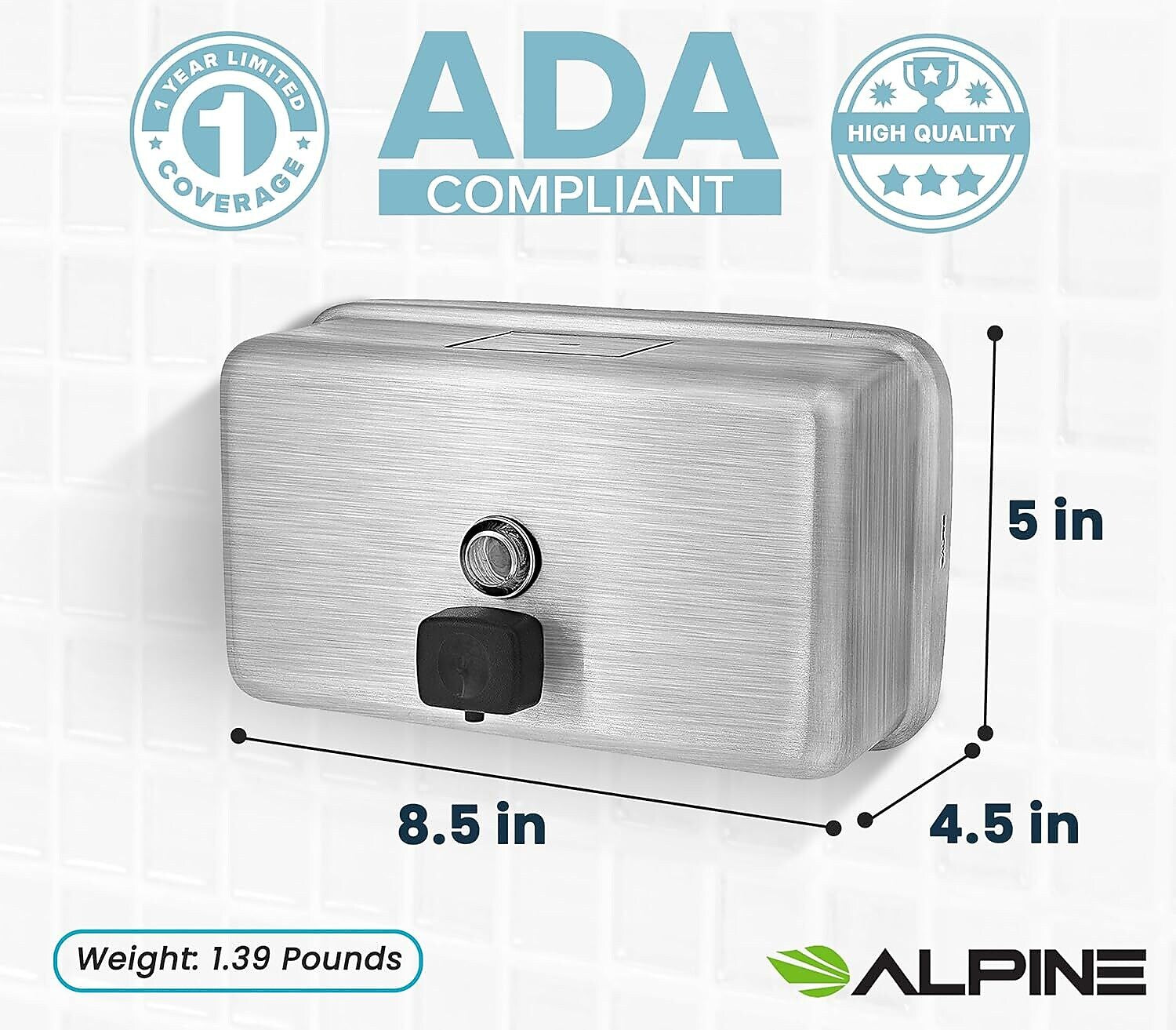 Alpine Industries Universal Wall Mounted Hand Soap Dispenser, Stainless Steel, 2/Pack (424-SSB-2PK)