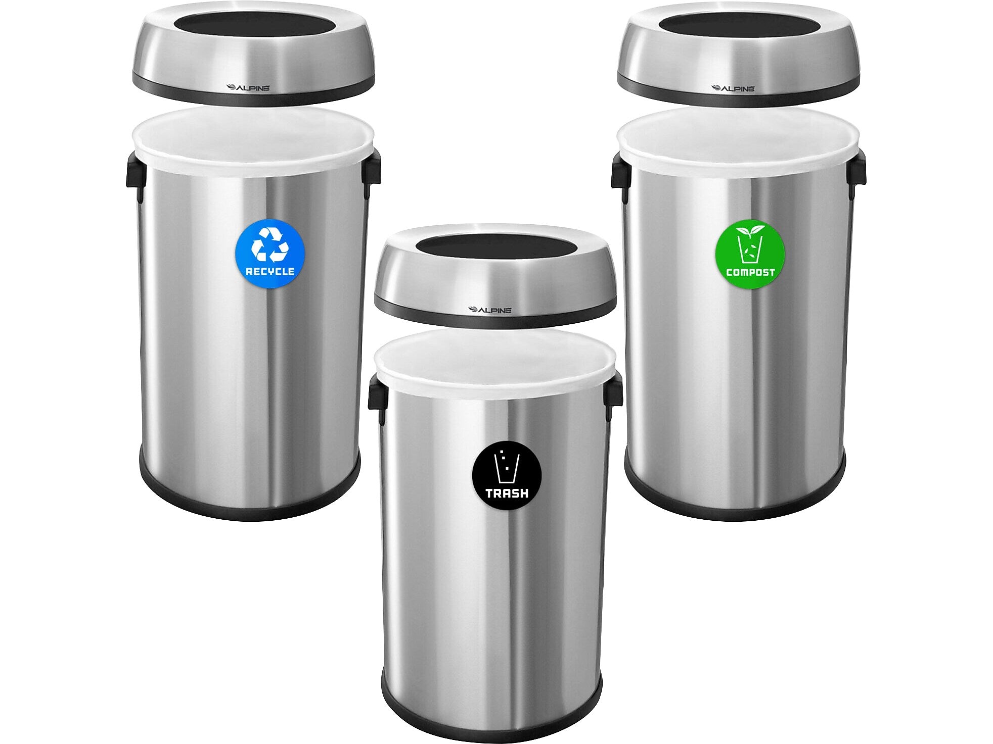 Alpine Industries Stainless Steel Recycling, Trash and Compost Station with Open Lid, 51 Gallon, 3/Pack (ALP470-65L-R-T-CO)