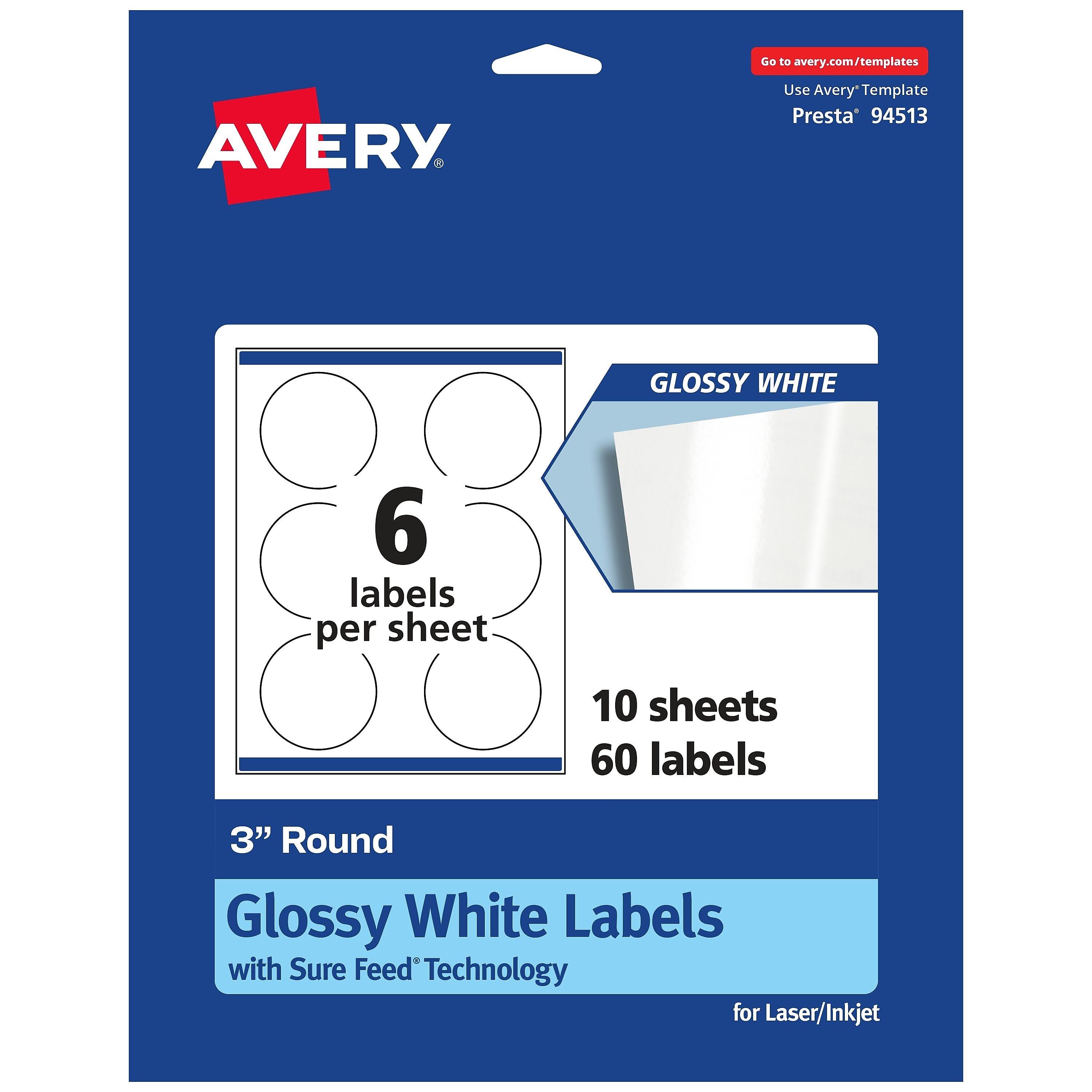 Avery Laser/Inkjet Round Multipurpose Labels, 3" Dia, Glossy White, 60 Labels/Pack (94513)