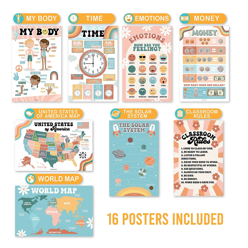 Hadley Designs 17" x 11" Retro Boho Preschool Educational Posters For Toddlers, Laminated, 16/Set (HDDX004ACFGE5)