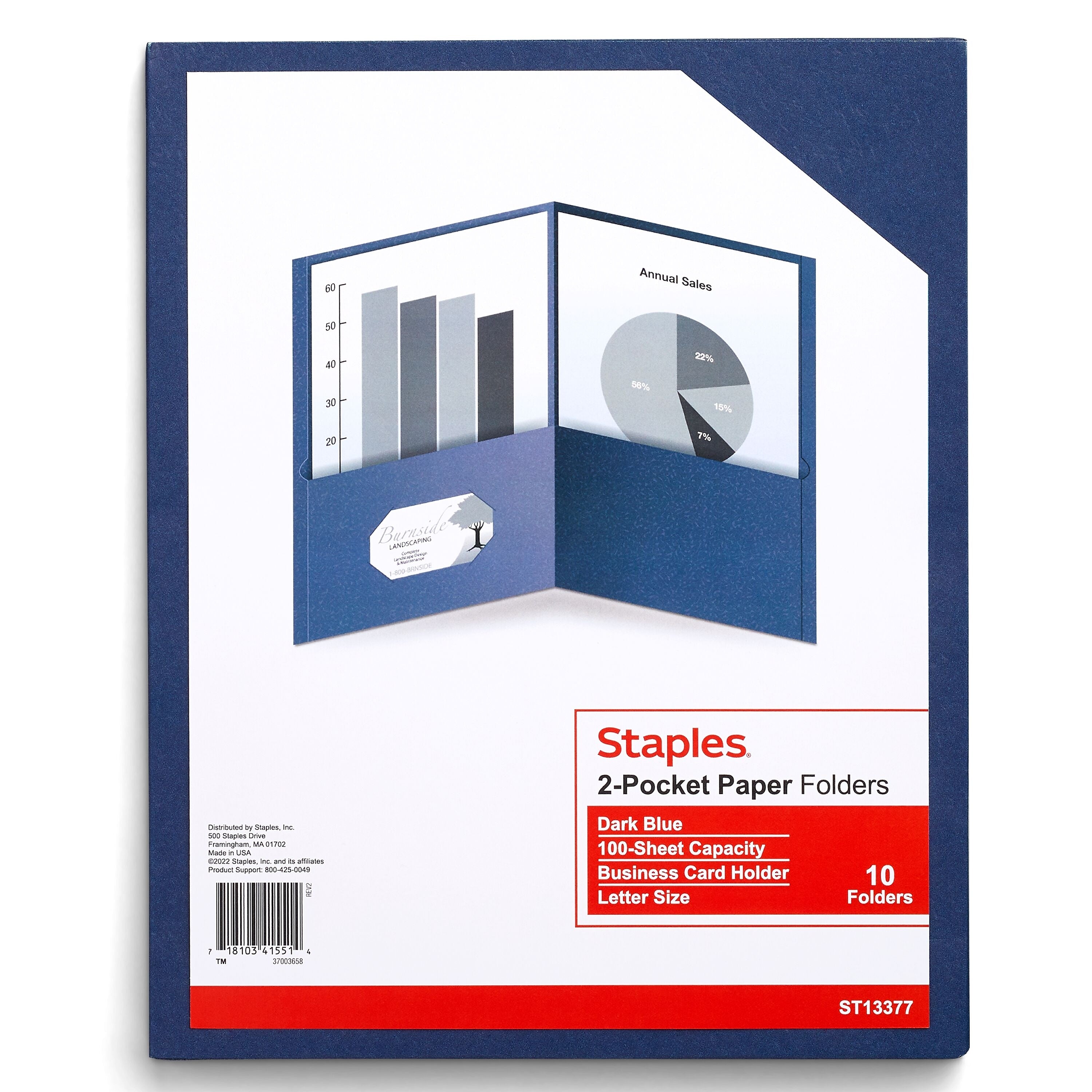 Staples 10% Recycled Smooth 2-Pocket Paper Presentation Folder, Dark Blue, 10/Pack (ST13377)