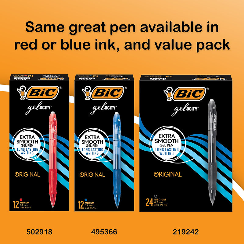 BIC Gel-ocity Original Retractable Gel Pens, Medium Point, 0.7mm, Black Ink, Dozen (31563)