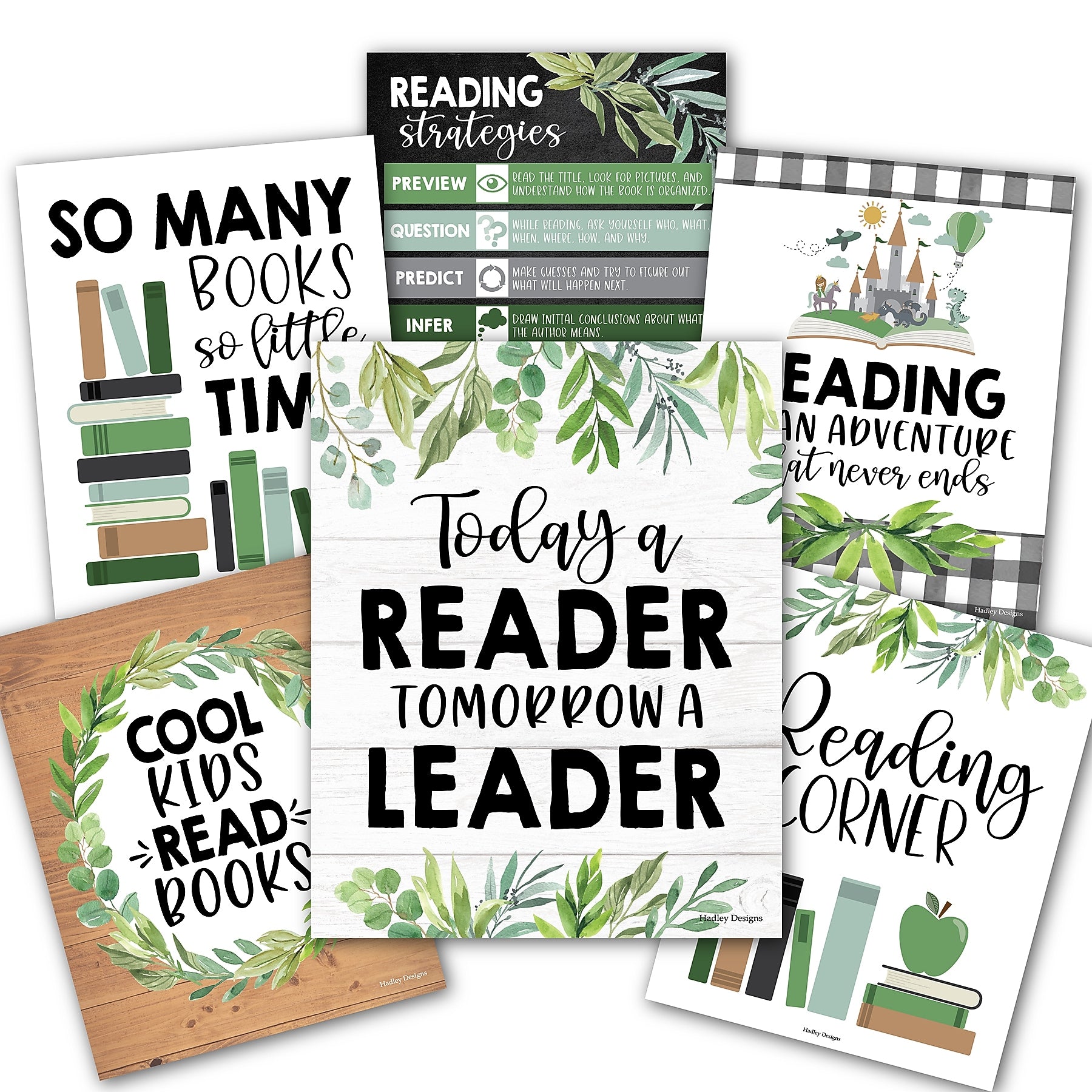 Hadley Designs 11" x 14" Farmhouse Greenery Reading Posters For Classroom Library Decor, 6/Set (HDDX004A2EQ5P)