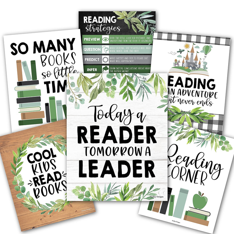 Hadley Designs 11" x 14" Farmhouse Greenery Reading Posters For Classroom Library Decor, 6/Set (HDDX004A2EQ5P)