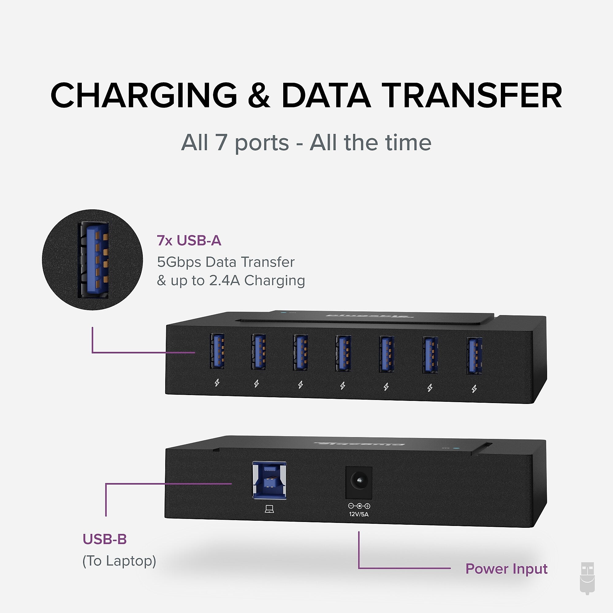 Plugable 7-in-1 Charging Hub with Data Transfer for USB-C or USB 3.0 Laptops