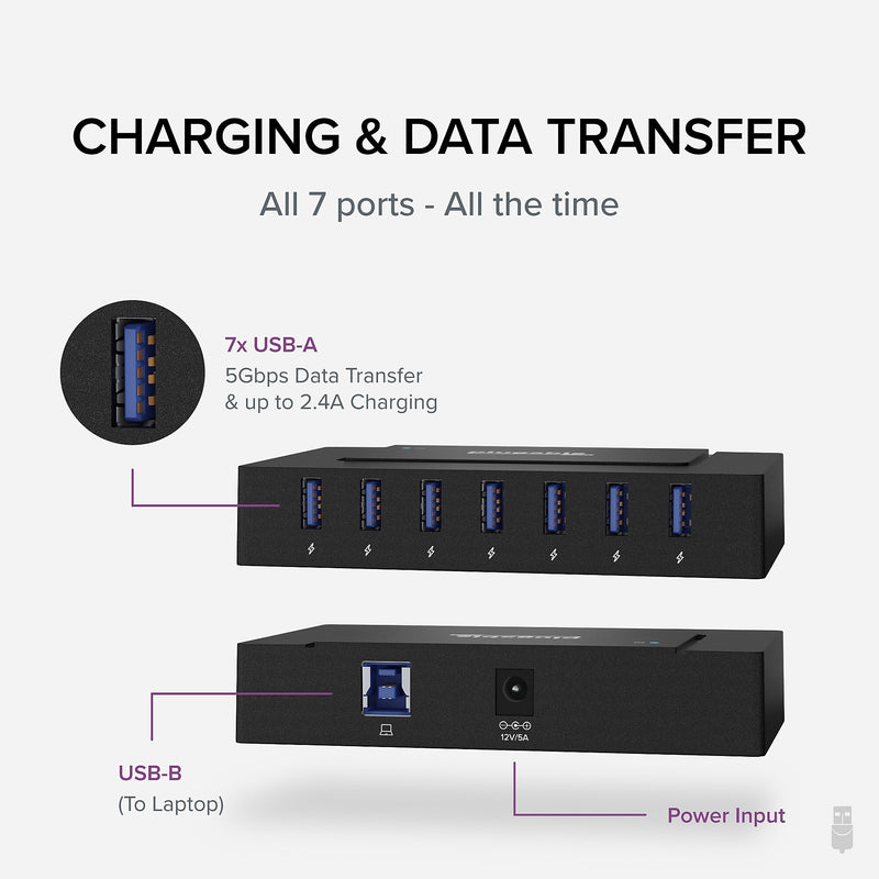 Plugable 7-in-1 Charging Hub with Data Transfer for USB-C or USB 3.0 Laptops