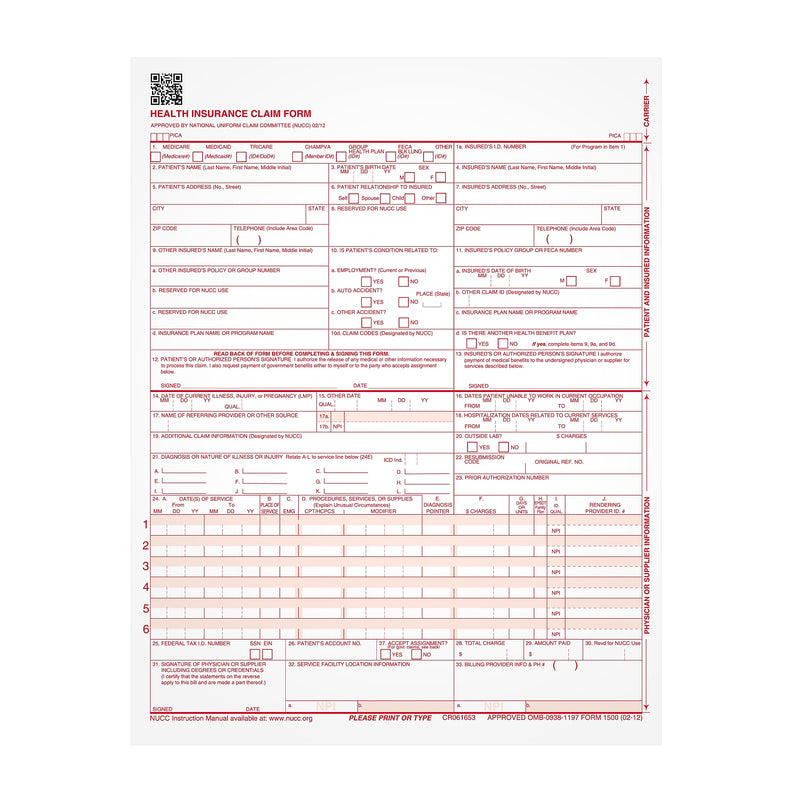 TOPS CMS-1500 Health Insurance Claims, 500/Pack (TOP 50126RV)