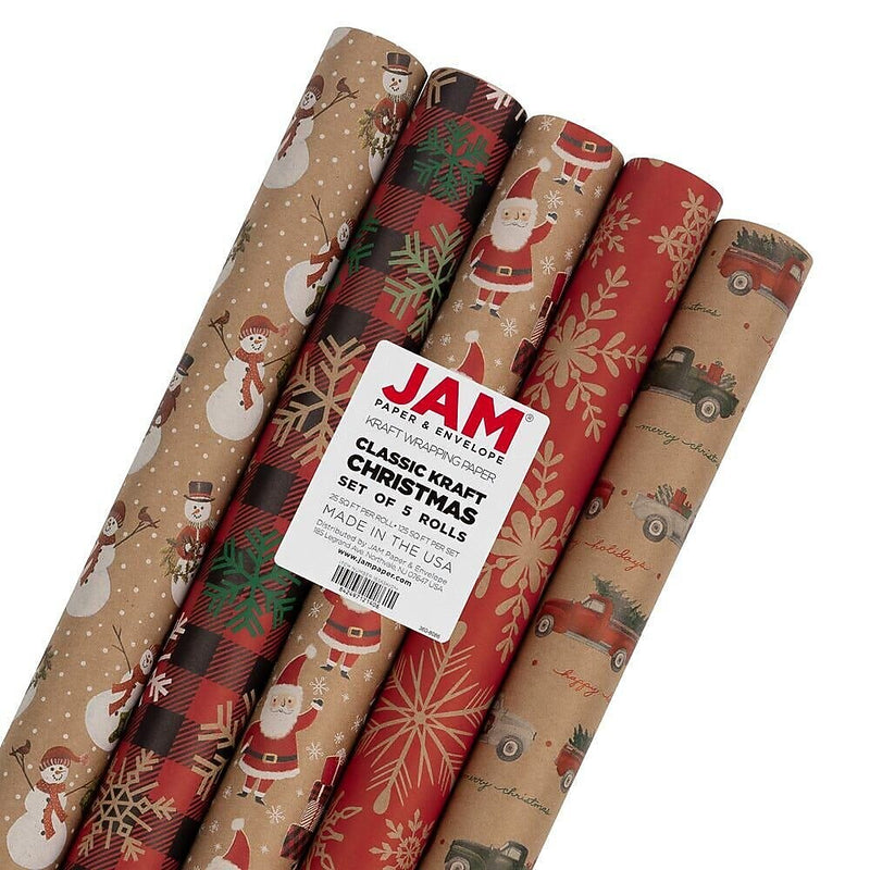 JAM Paper Christmas Wrapping Paper, 25 Sq. ft. x 30", Kraft Christmas Set, 5 Rolls/Pack (165K5KrChr)