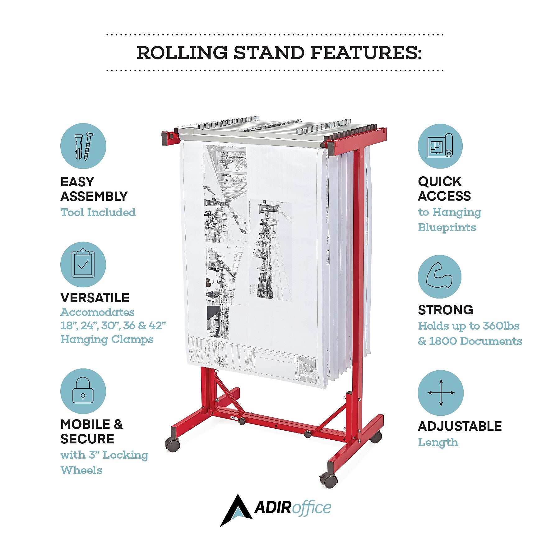 AdirOffice Blueprint Metal Mobile File Cart with Lockable Wheels, Red (615-RED)