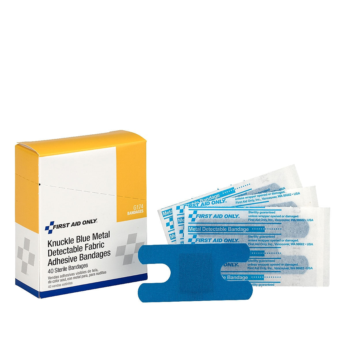 First Aid Only 1.5" x 3" Knuckle Metal Detectable Fabric Adhesive Bandages, 40/Box (G174)