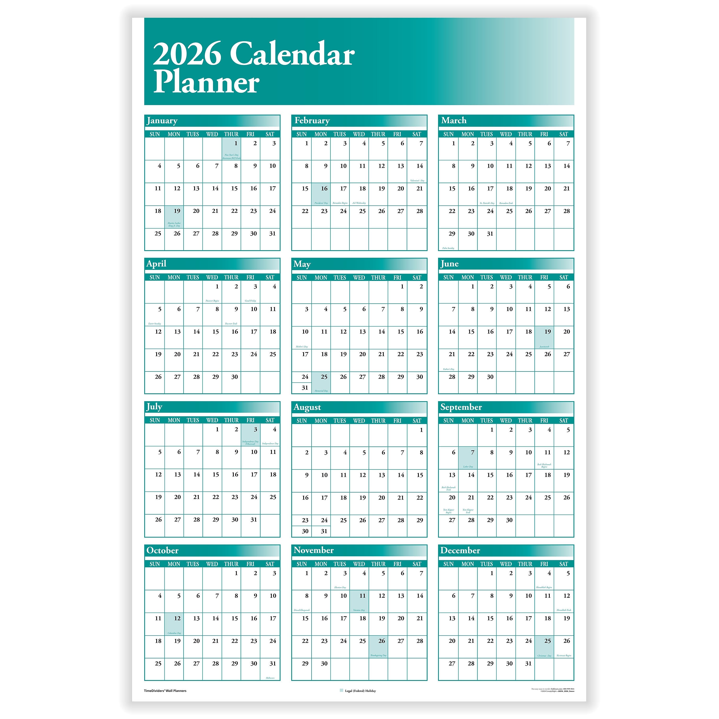 2026 ComplyRight Full Calendar Planner 36" x 24" Yearly Dry Erase Wall Calendar, Green (J0056GR)