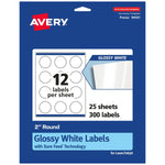 Avery Laser/Inkjet Round Multipurpose Labels, 2" Dia, Glossy White, 300 Labels/Pack (94501)