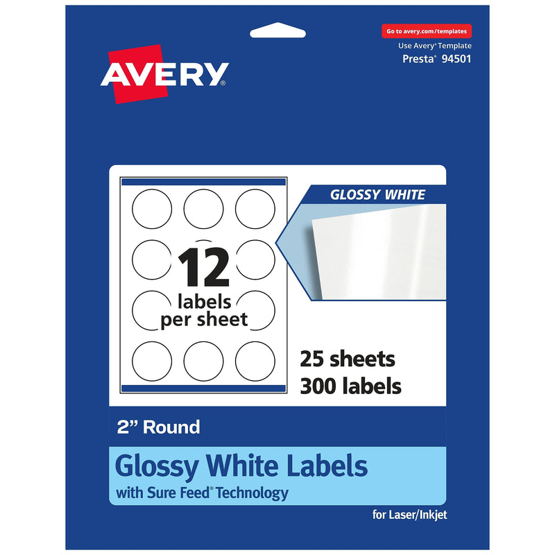 Avery Laser/Inkjet Round Multipurpose Labels, 2" Dia, Glossy White, 300 Labels/Pack (94501)