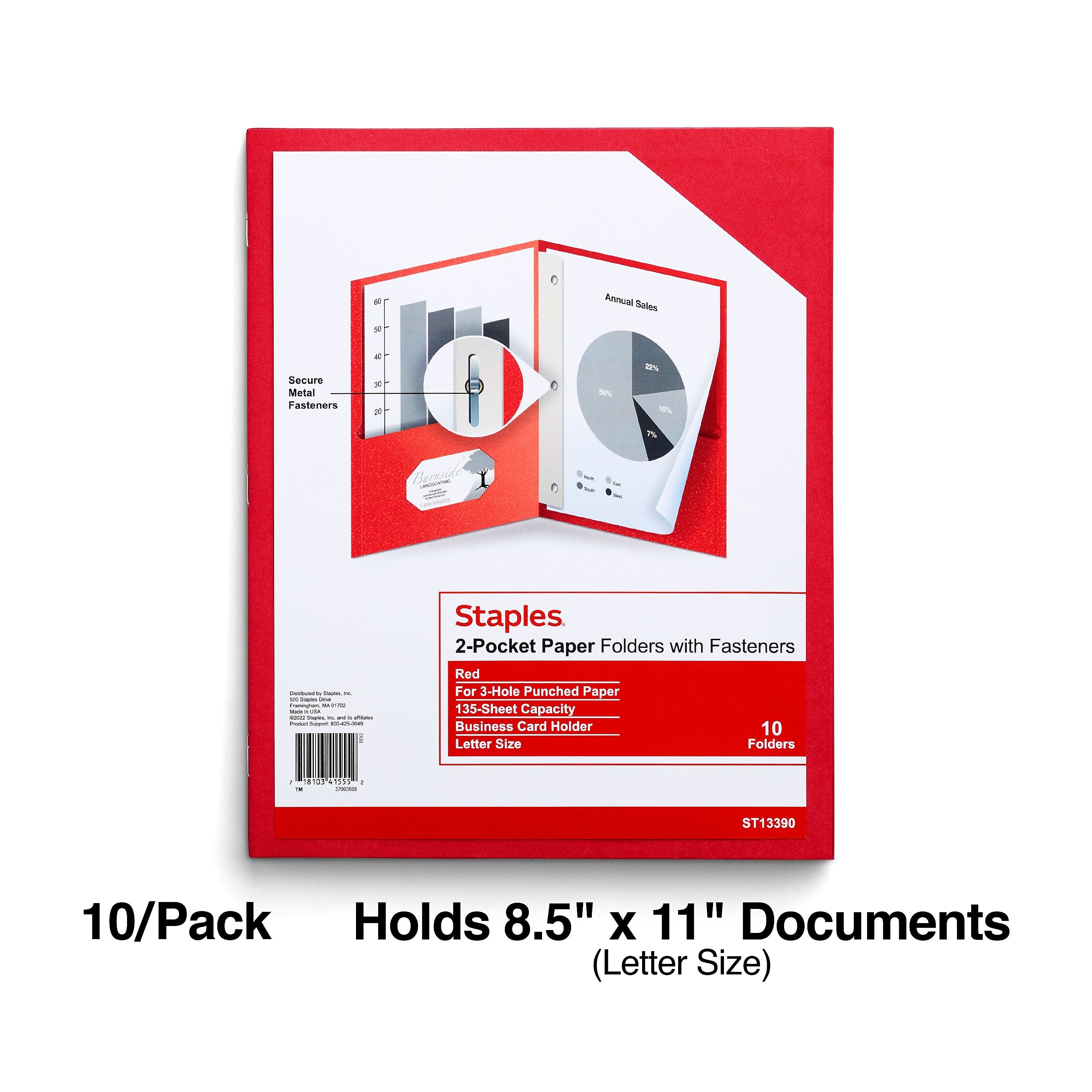Staples 10% Recycled Smooth 2-Pocket Paper Presentation Folder with Fasteners, Red, 10/Pack (13390-US)