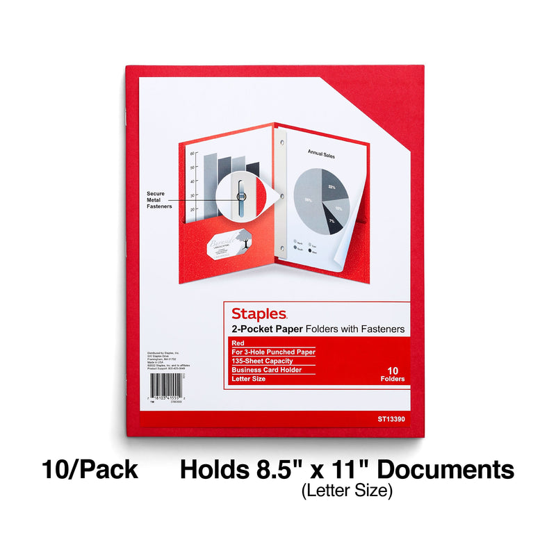 Staples 10% Recycled Smooth 2-Pocket Paper Presentation Folder with Fasteners, Red, 10/Pack (13390-US)