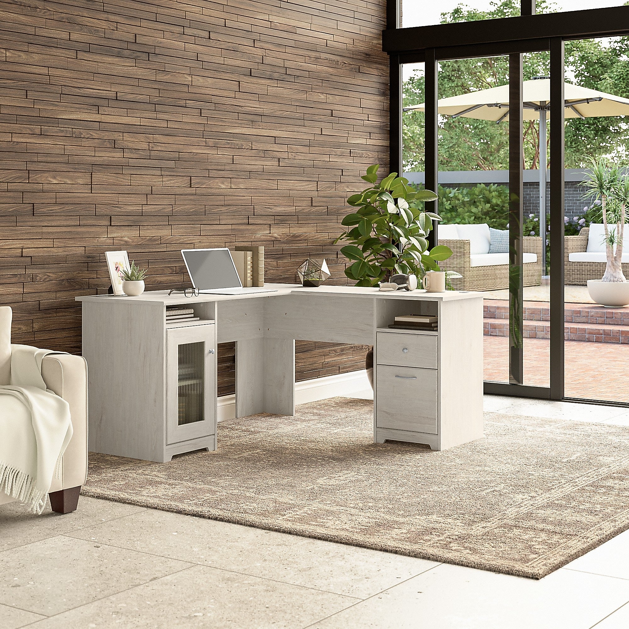 Bush Furniture Cabot 60"W Wood L-Shaped Computer Desk, Linen White Oak (WC31130K)