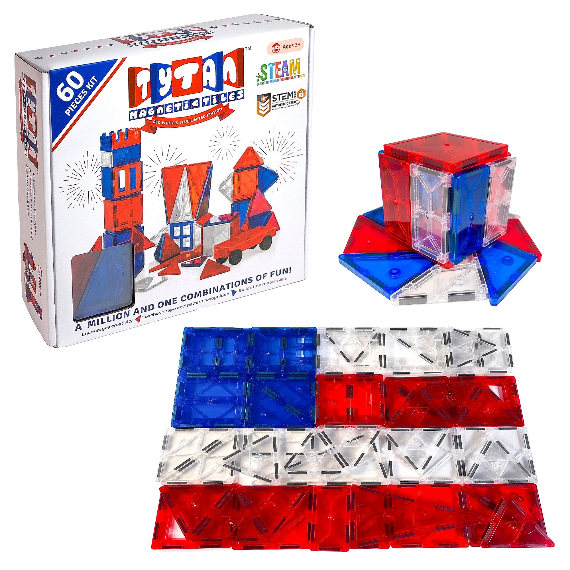 Tytan Toys Red White & Blue Magnetic Tiles & Building Blocks, 60 Pieces/Kit (ACTYT019)